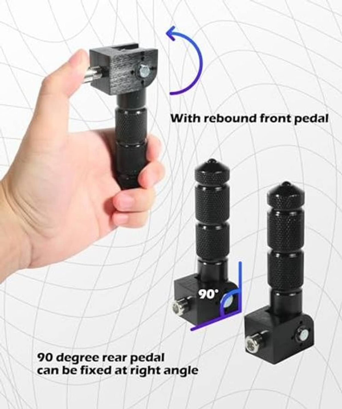 Motorcycle foot peg held in hand with textured grip and black mounting bracket