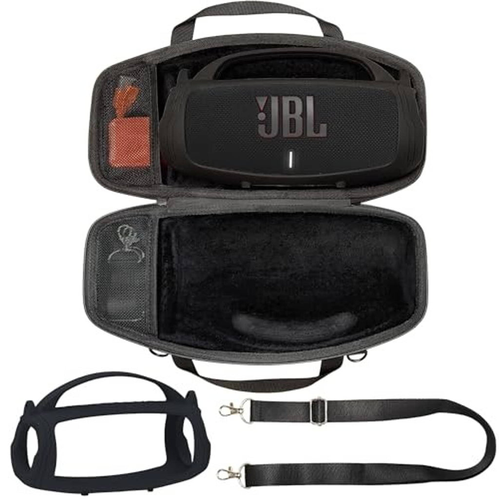 Black JBL travel case open with silicone cover insert and shoulder strap