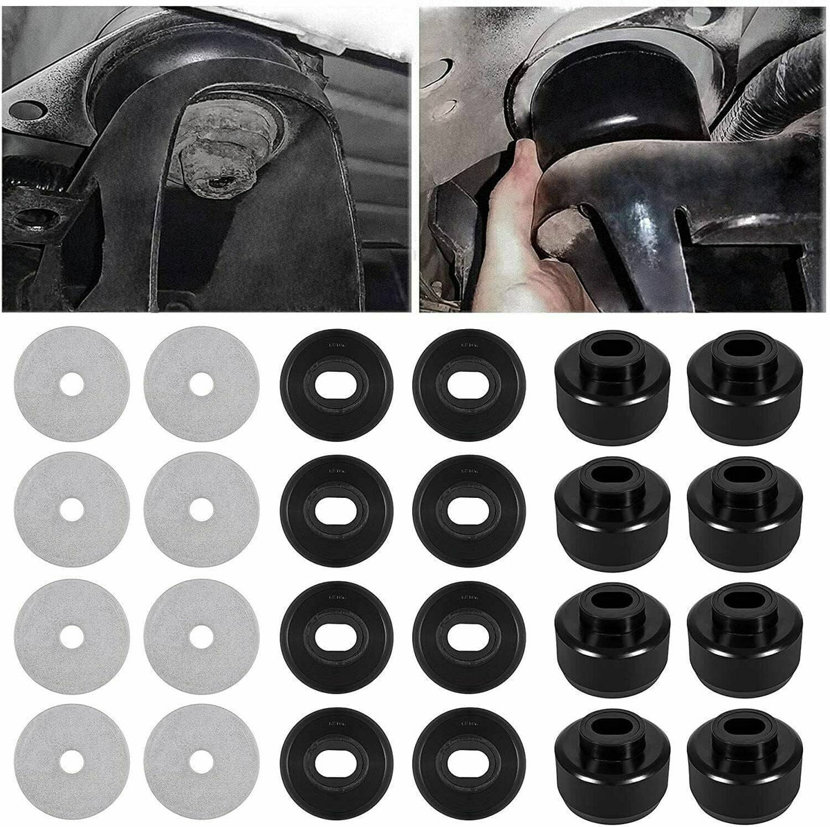 Black body cab mount bushings and gray washers kit components for vehicle mounting