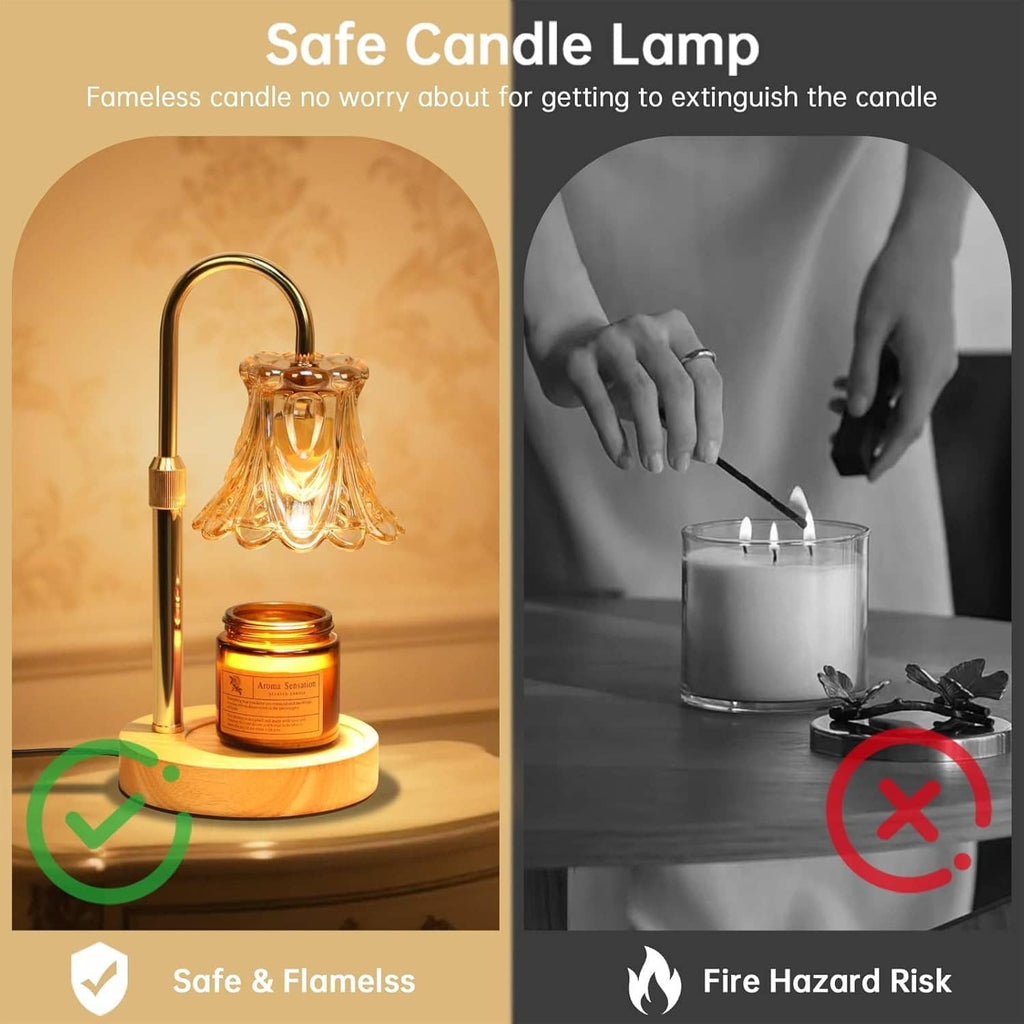 Electric candle warmer lamp with amber glass shade and candle jar on round wood base.