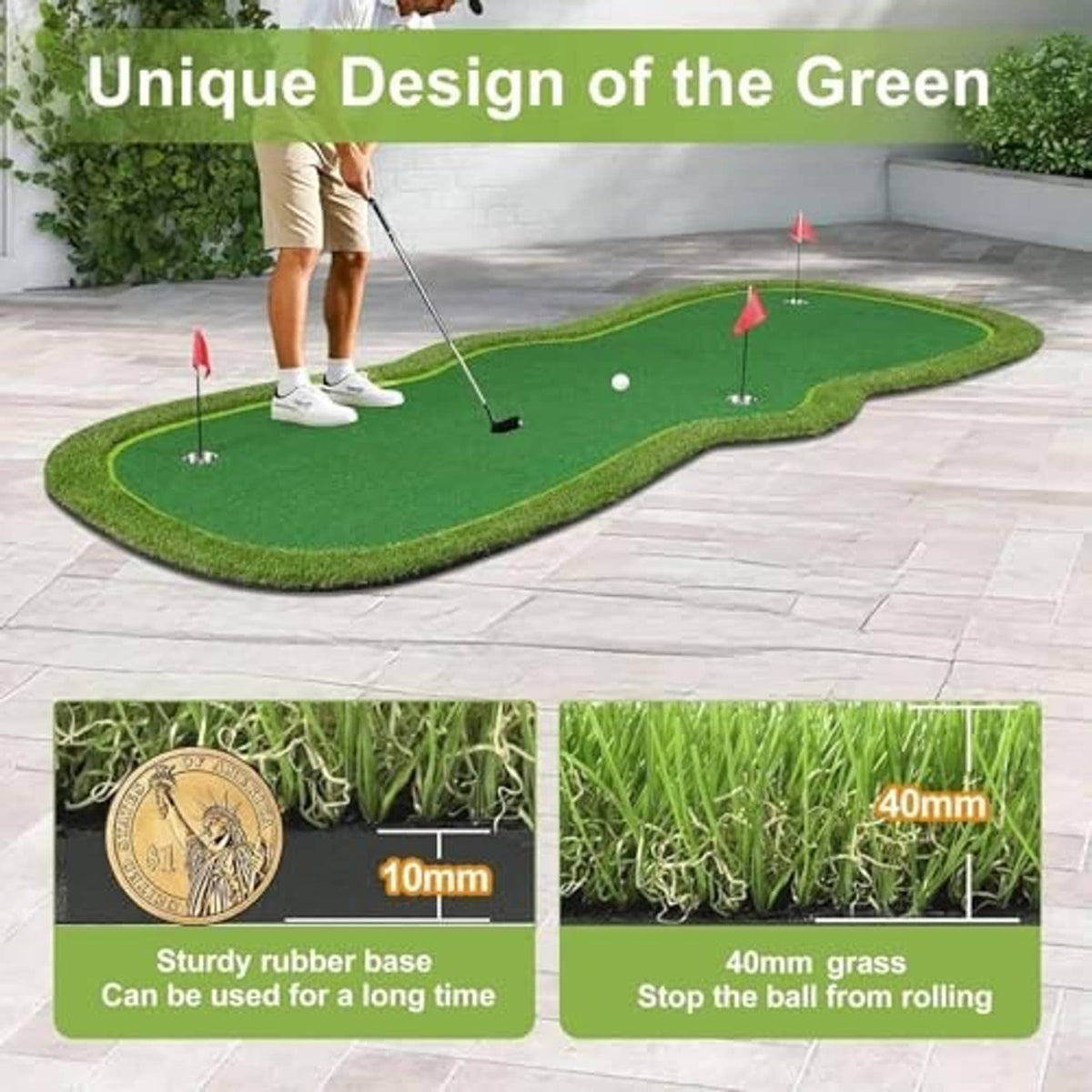 Green putting green mat for practice with multiple red-flag cups and tee balls