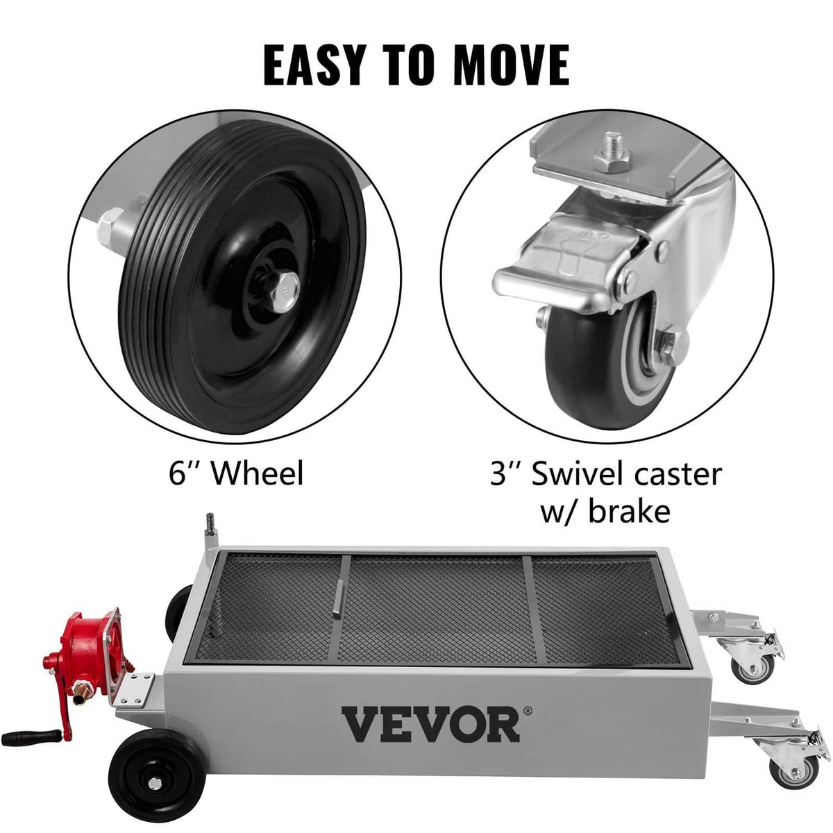 Oil drain pan cart with large wheels and swivel casters with brake