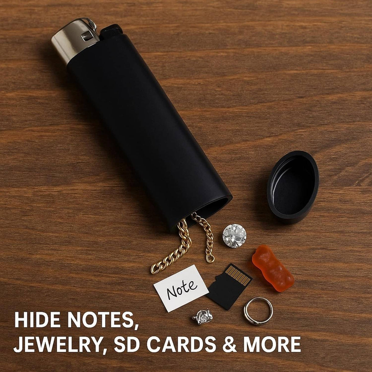 Black diversion lighter with silver top and open hidden cap; includes note card, jewelry, microSD.