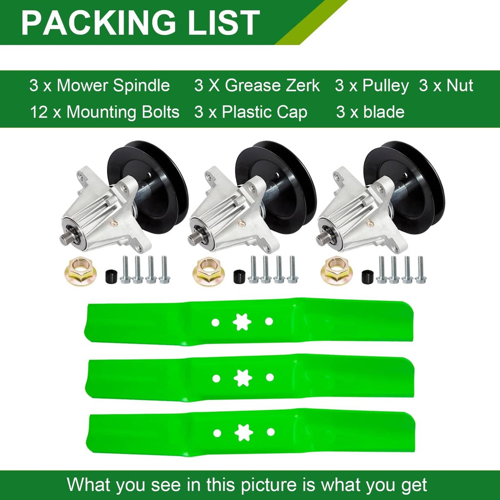 Mower deck rebuild kit contents: spindles, grease zerk, pulleys, nuts, bolts, and 3 blades