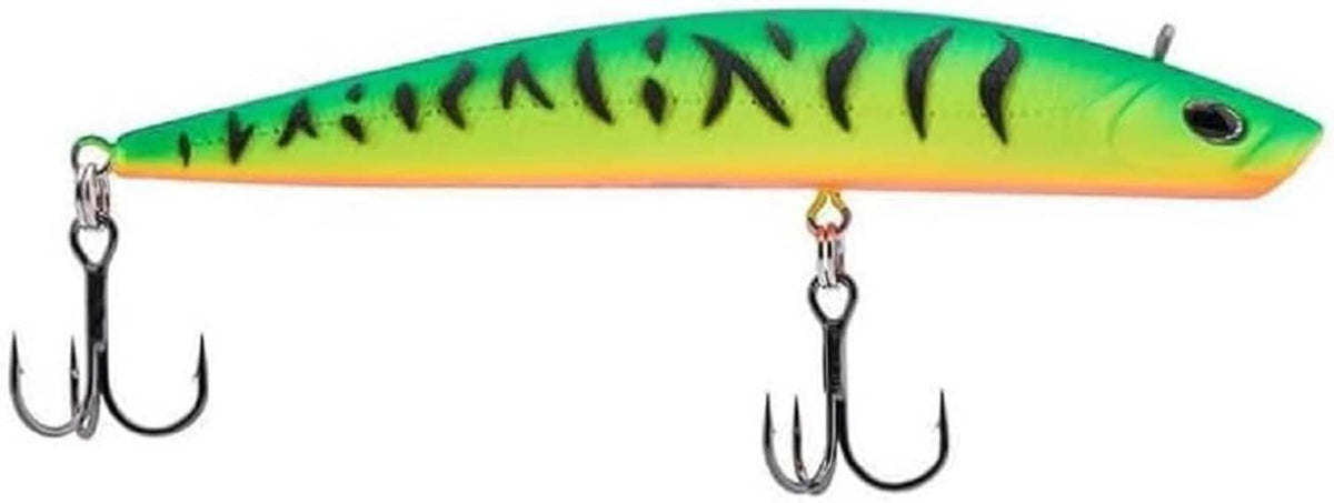 Fish-shaped crankbait lure in green and yellow with two treble hook sets