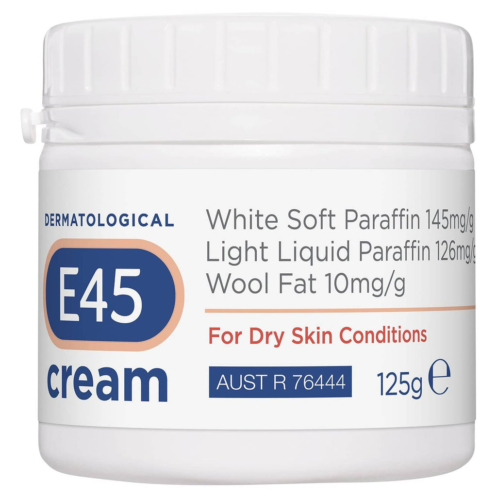E45 dermatological cream jar, white 125 g container