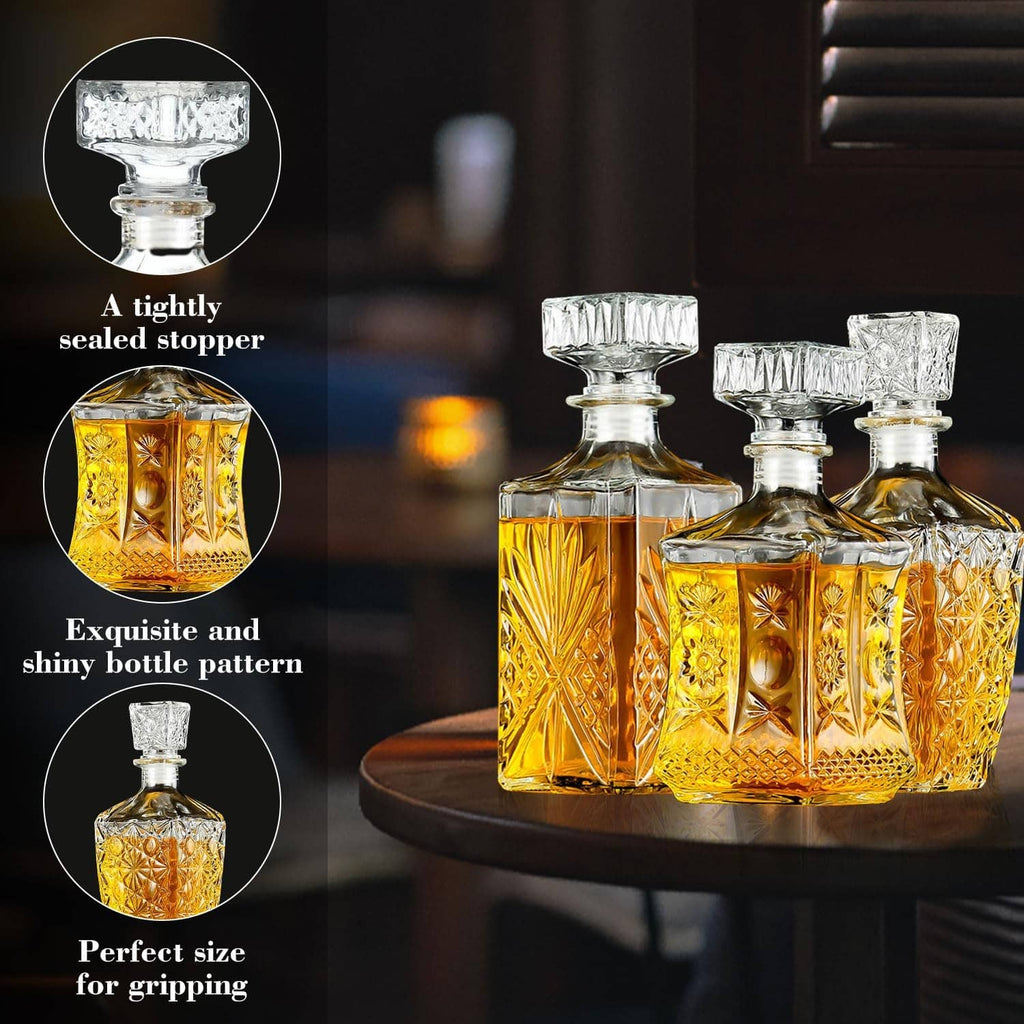 Crystal whiskey decanter set with diamond-pattern bottles and tightly sealed stoppers