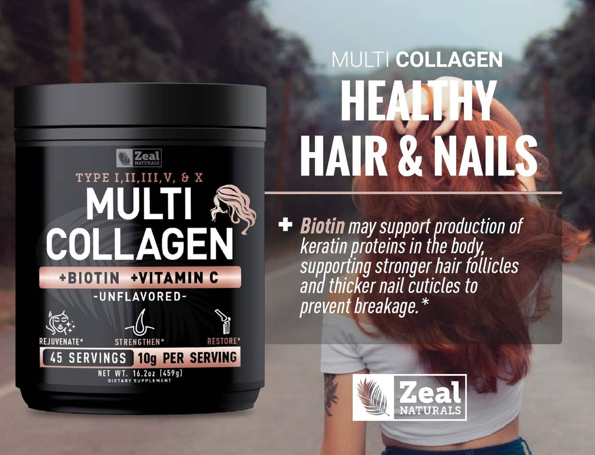 Multi-collagen peptides tub with “Multi Collagen + Biotin + Vitamin C” and 45 servings info