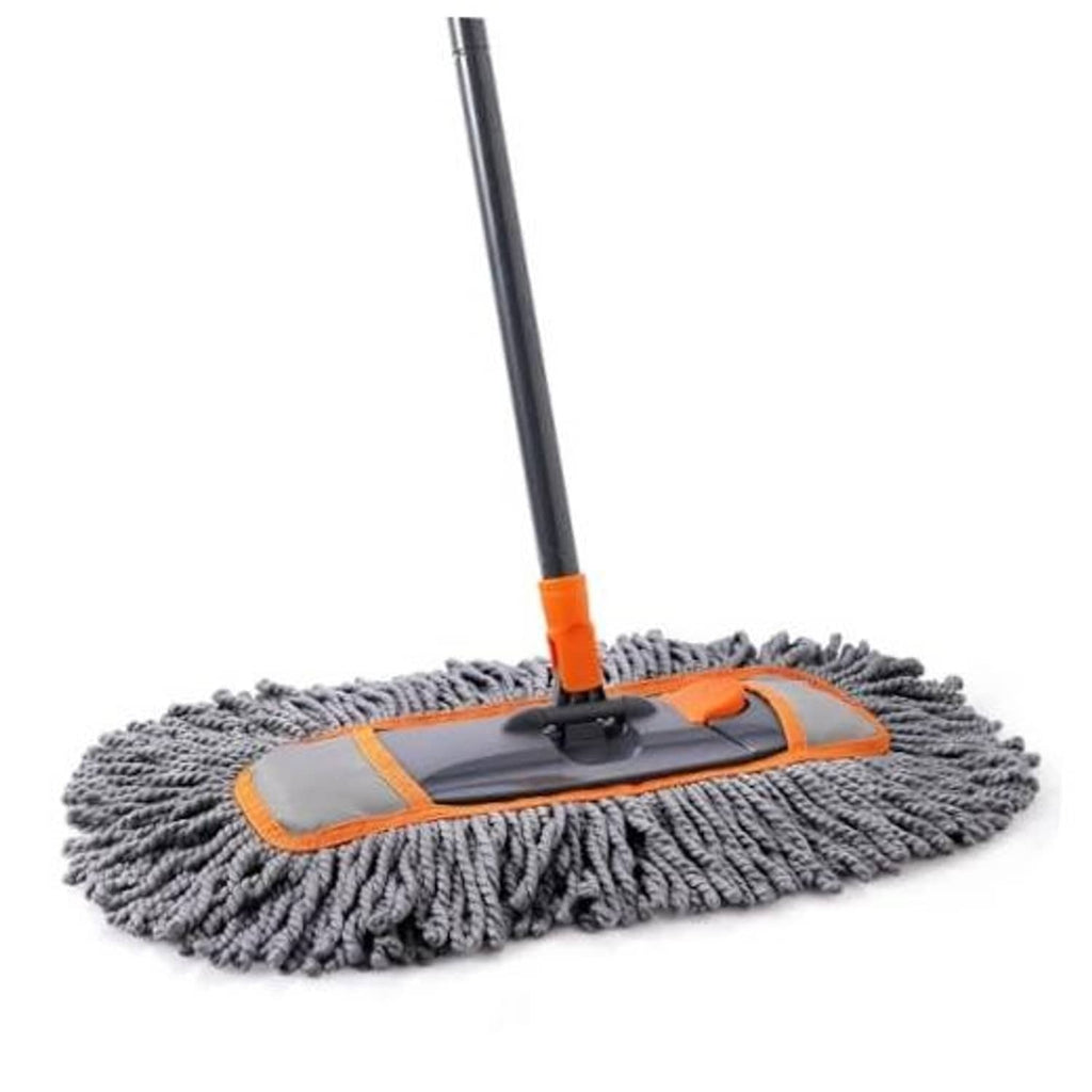 Grey microfiber mop pad with orange frame on a floor-cleaning handle