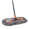 Grey microfiber mop pad with orange frame on a floor-cleaning handle