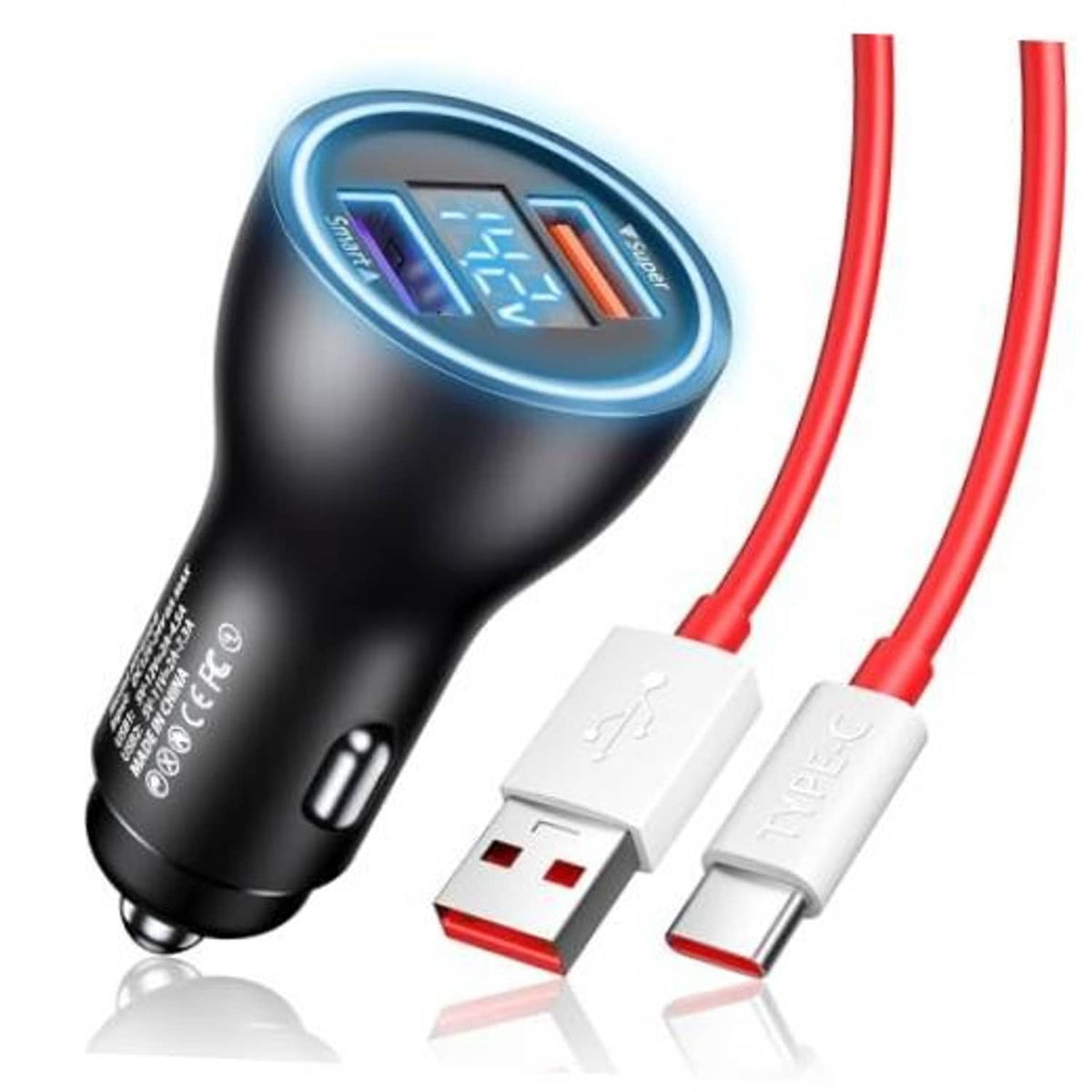 Black car USB charger with blue indicator ring, red cable, USB-A and Type-C connectors