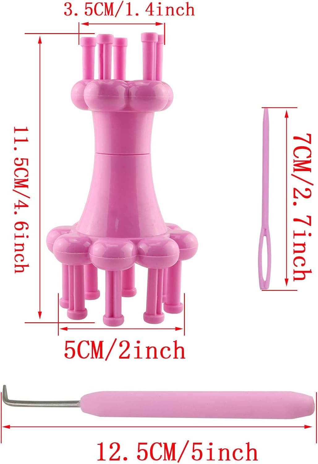 Pink knitting spool loom tool set with metal hook and plastic yarn needle, upright