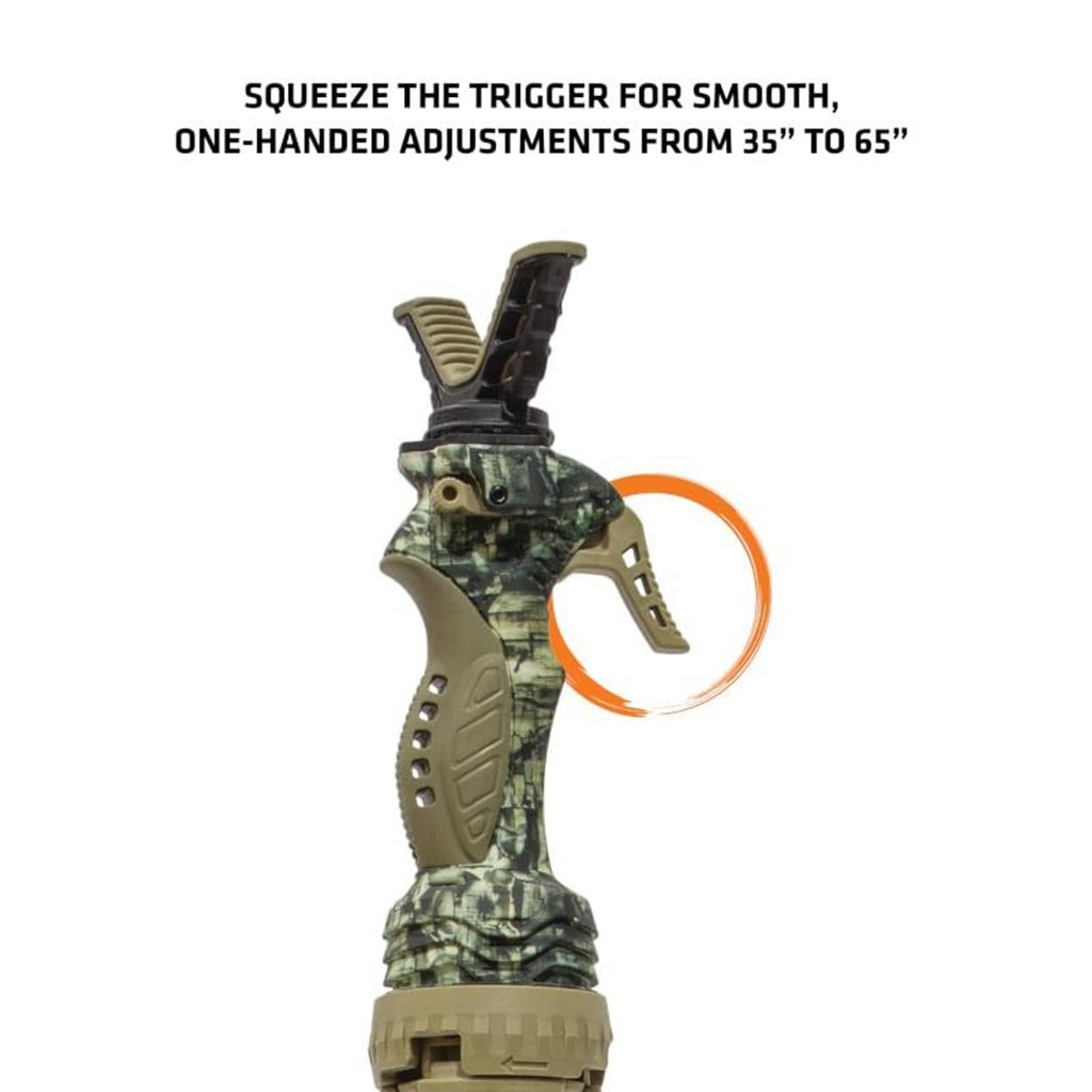Camo trigger handle on adjustable shooting monopod with curved forearm rest