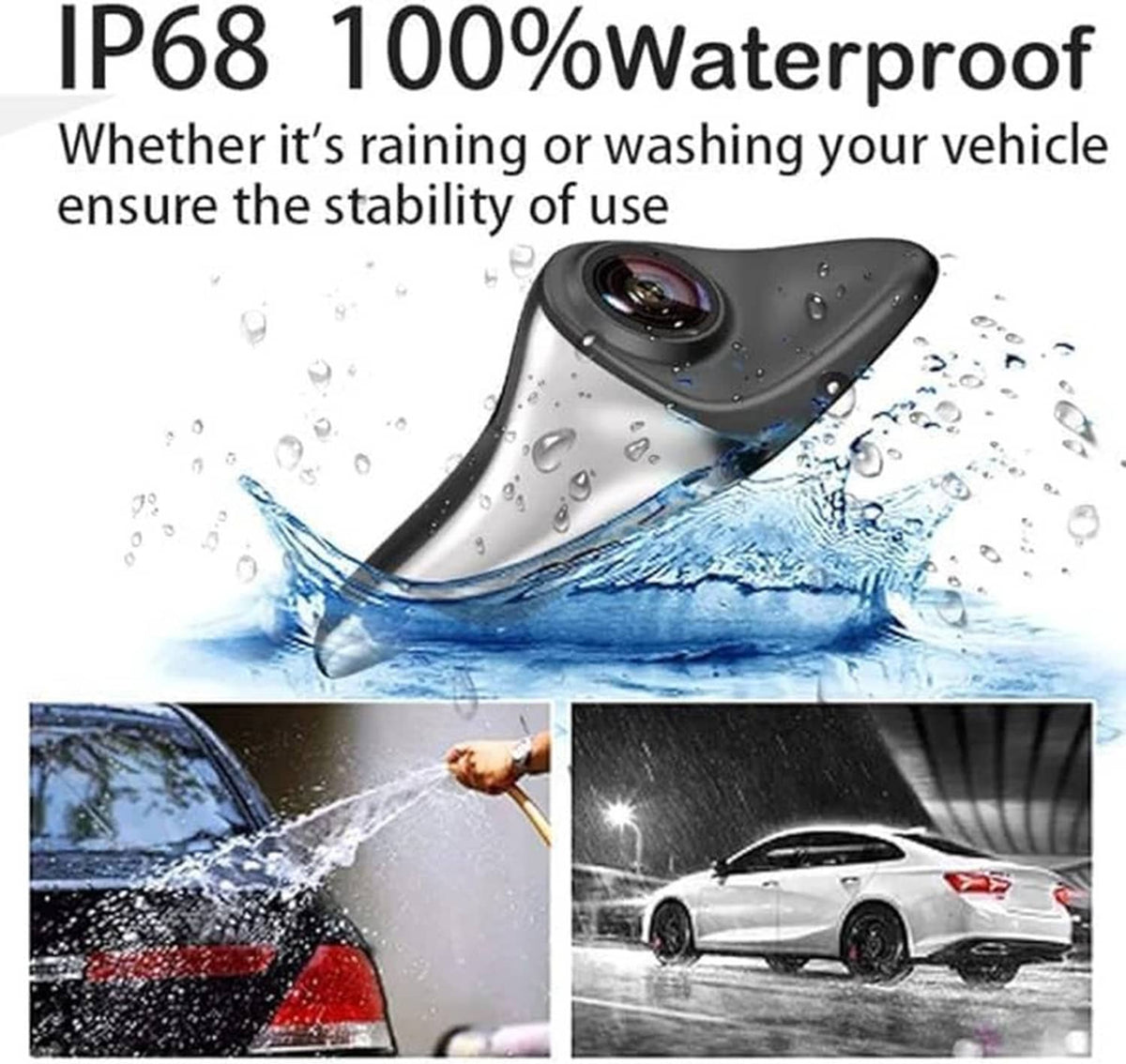 Waterproof side camera on silver housing with water droplets splash graphic.