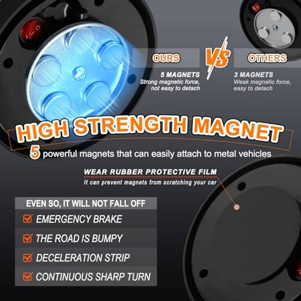 Amber strobe light with black magnetic base, showing 5 magnet points and mounting