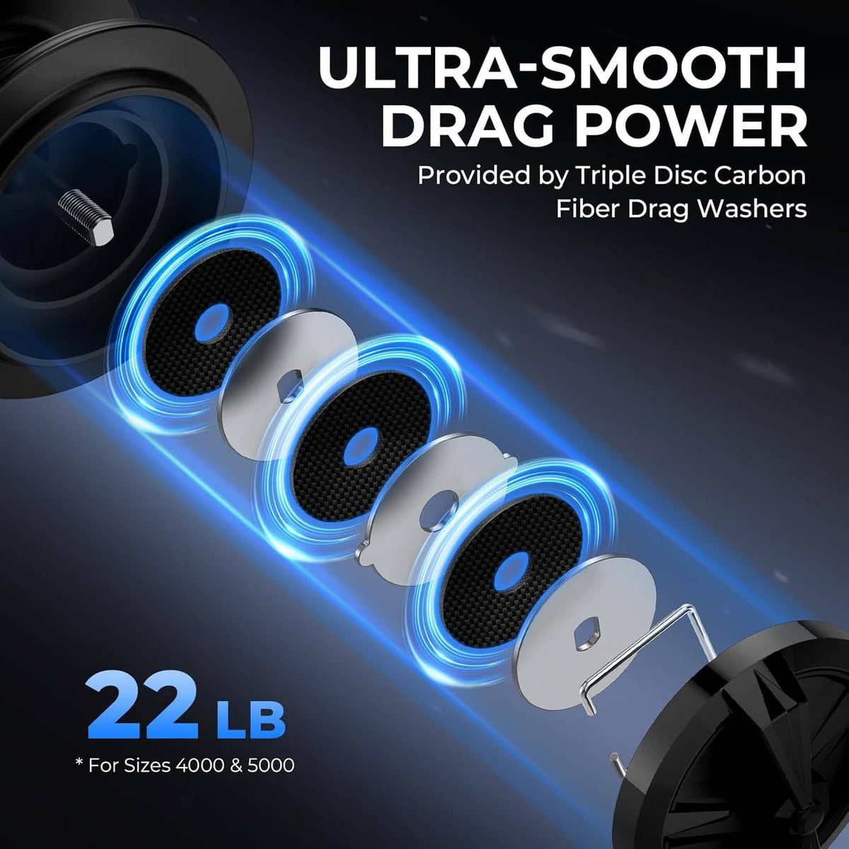 Black spinning reel drag system detail with glowing blue drag washer lines