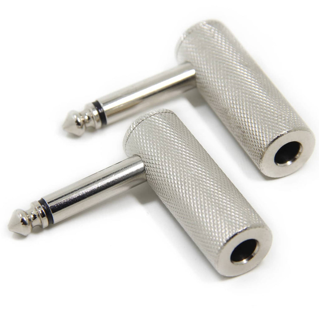 2-pack right-angle 1/4-inch guitar adapter plugs, silver metal with textured gray housings