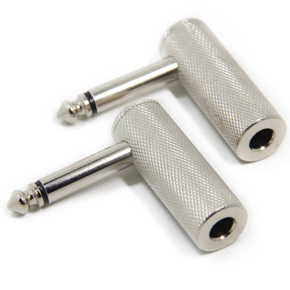 2-pack right-angle 1/4-inch guitar adapter plugs, silver metal with textured gray housings