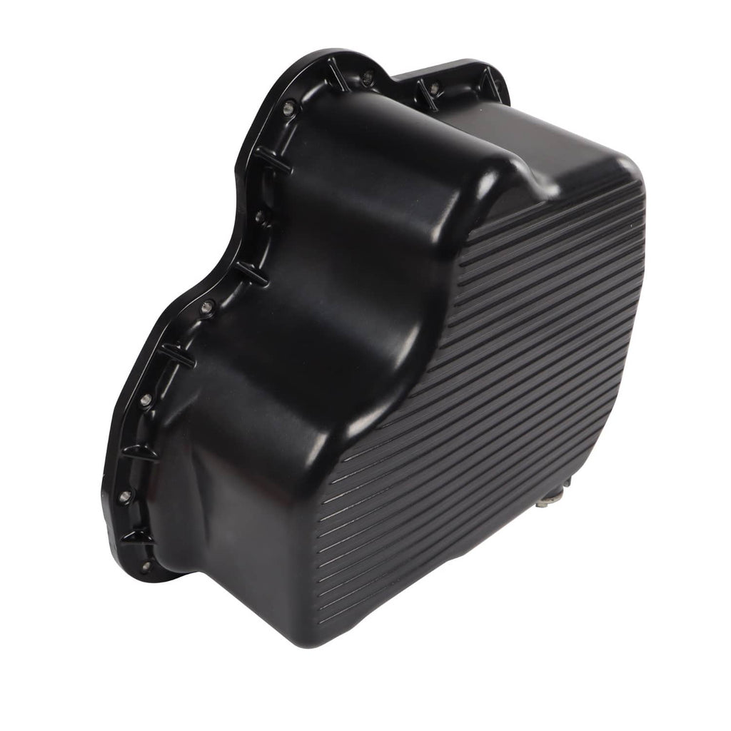 Black oil pan with side baffle and bolt mounting tabs