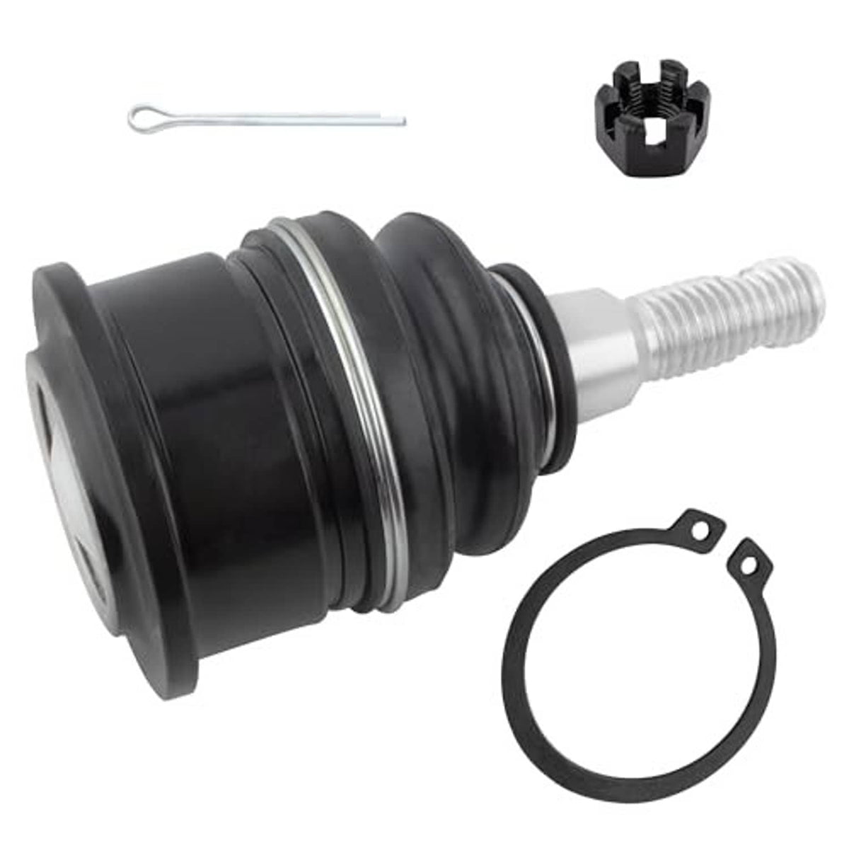 Front ball joint with black boot, threaded stud, snap ring and hardware