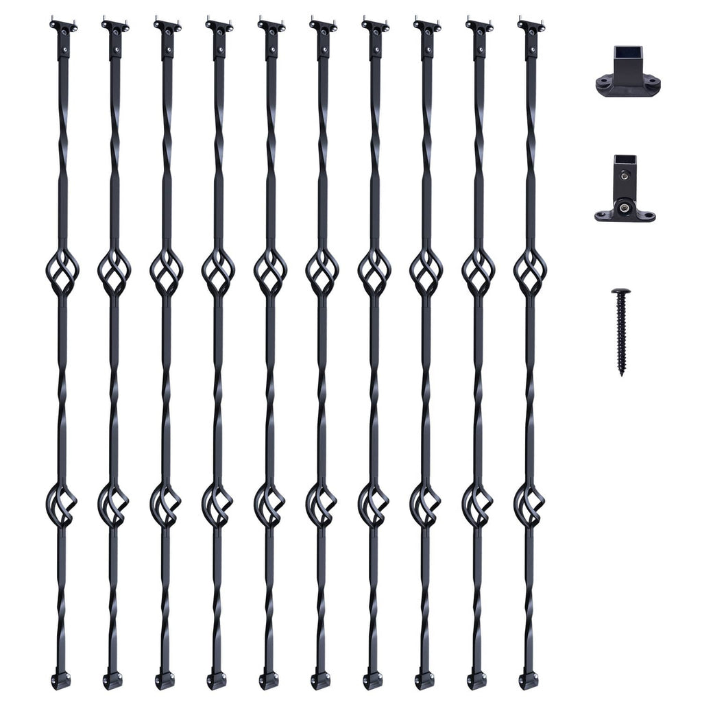 Black steel deck balusters with mounting brackets and screw hardware, long straight set