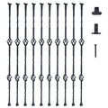 Black steel deck balusters with mounting brackets and screw hardware, long straight set