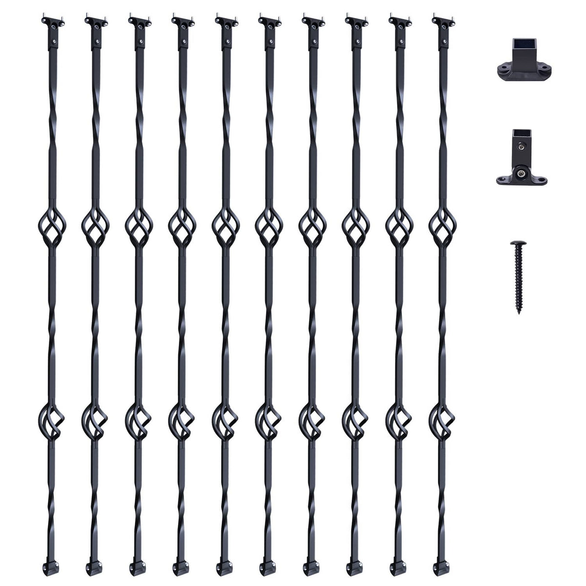 Black steel deck balusters with mounting brackets and screw hardware, long straight set