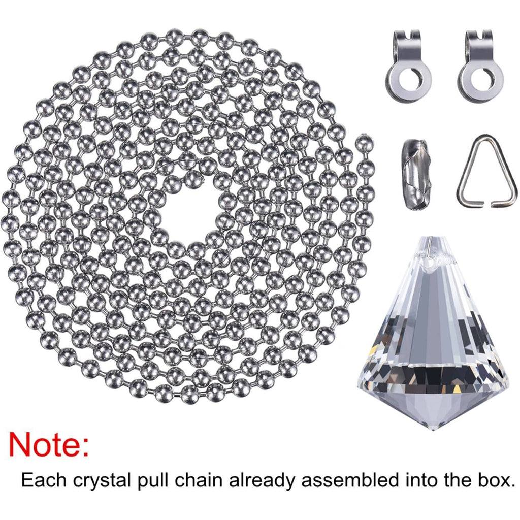 Crystal pull chain set with bead chain, faceted teardrop prism pulls, and mounting hardware