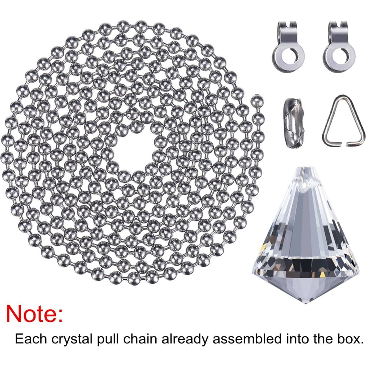 Crystal pull chain set with bead chain, faceted teardrop prism pulls, and mounting hardware