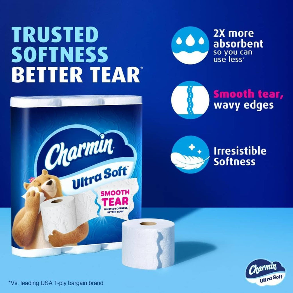 Charmin Ultra Soft toilet paper package with rolls and Smooth Tear detail