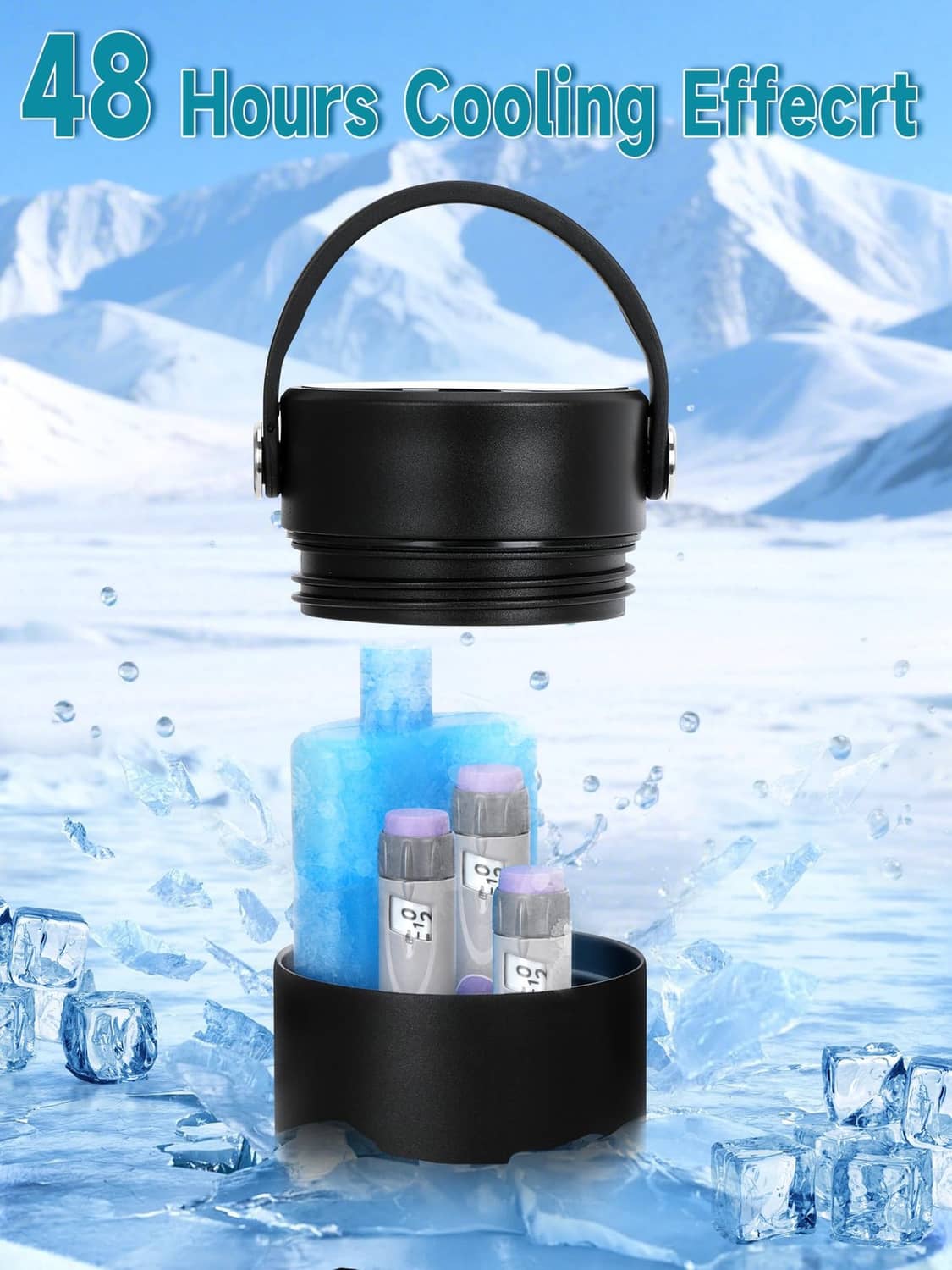 Black insulin cooler travel case standing open with blue vial inside.