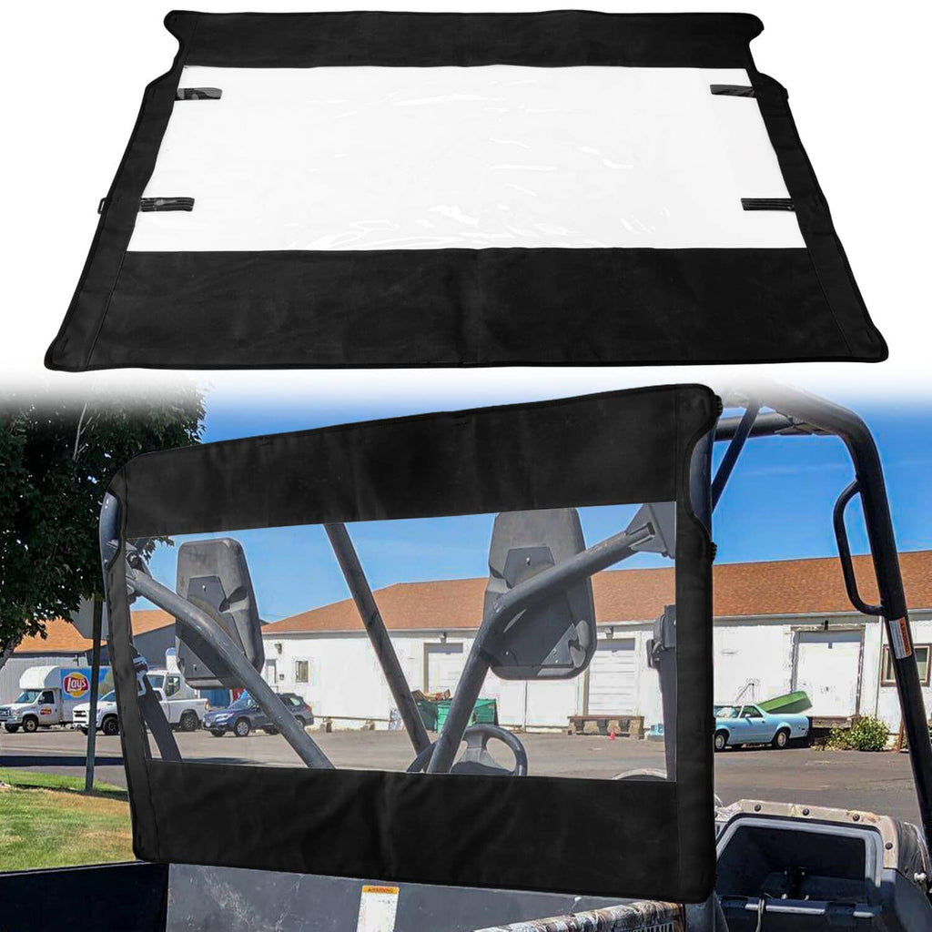 Soft rear UTV windshield set with black cover and clear viewing panel