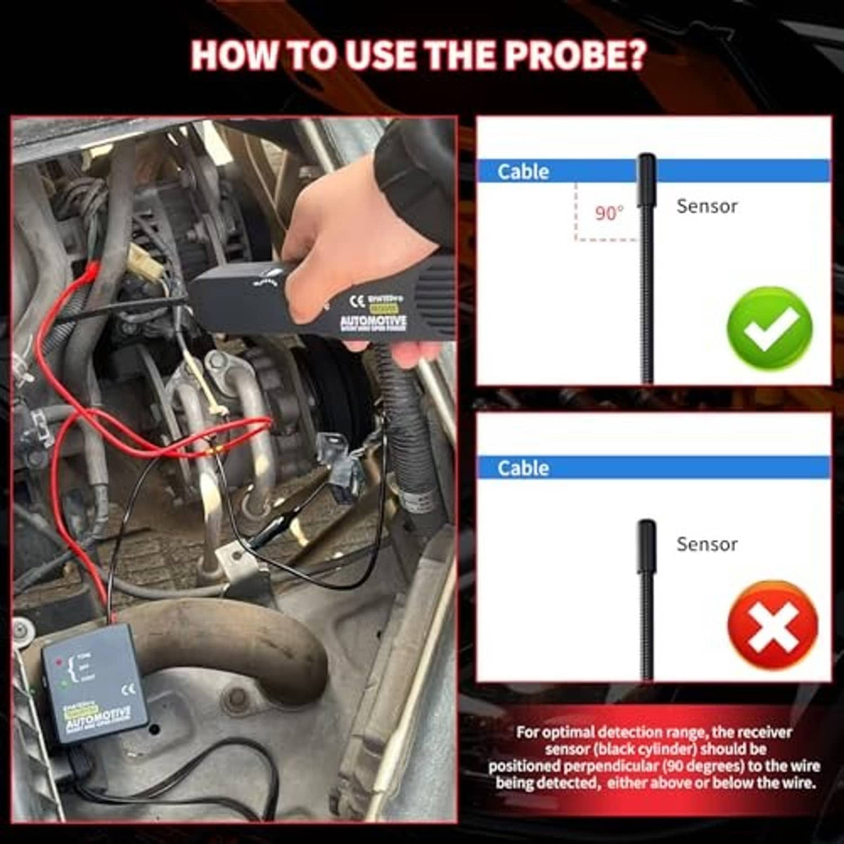 Automotive wire tracer receiver and probe used near car engine wiring
