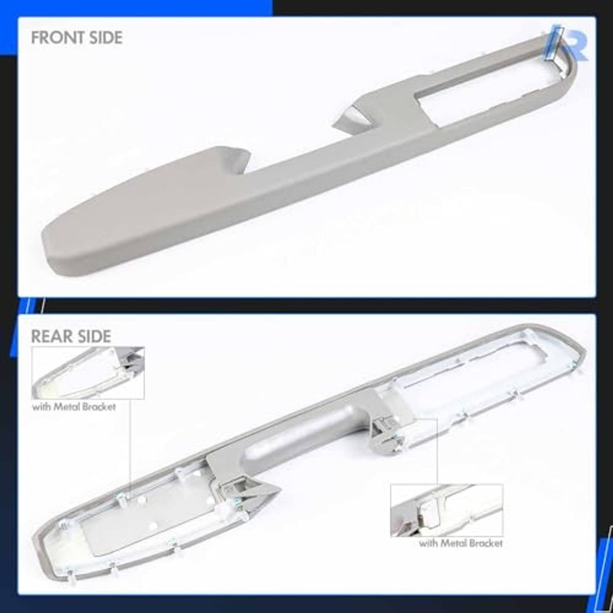 Armrest repair kit front and rear side diagrams with metal bracket
