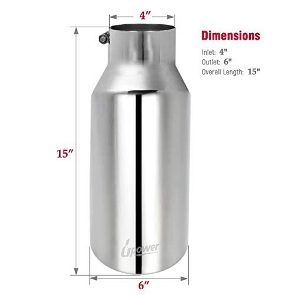 Stainless steel exhaust tip with 4-inch inlet, 6-inch outlet, 15-inch length