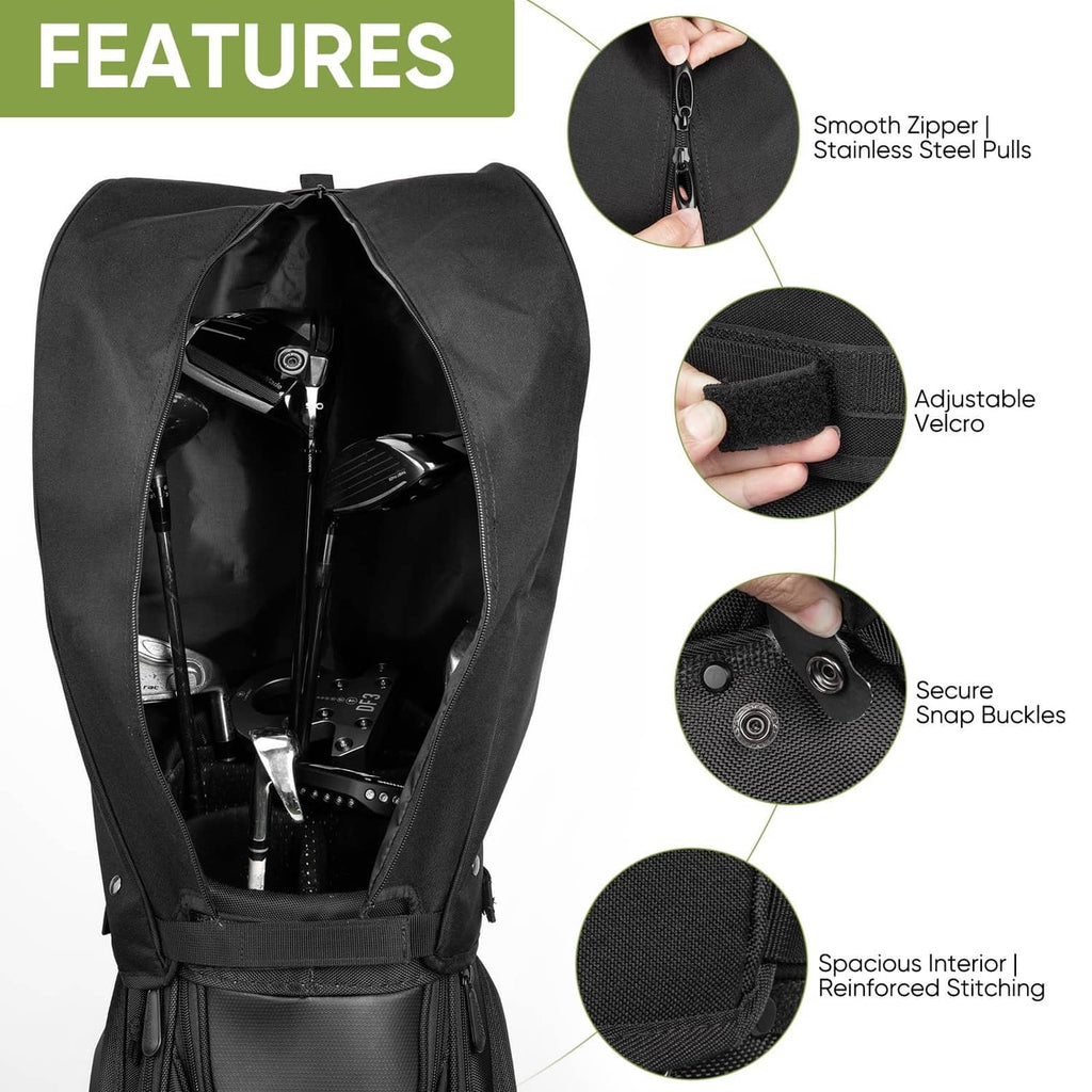 Black golf bag rain hood cover open view with inner pouch and zipper pull