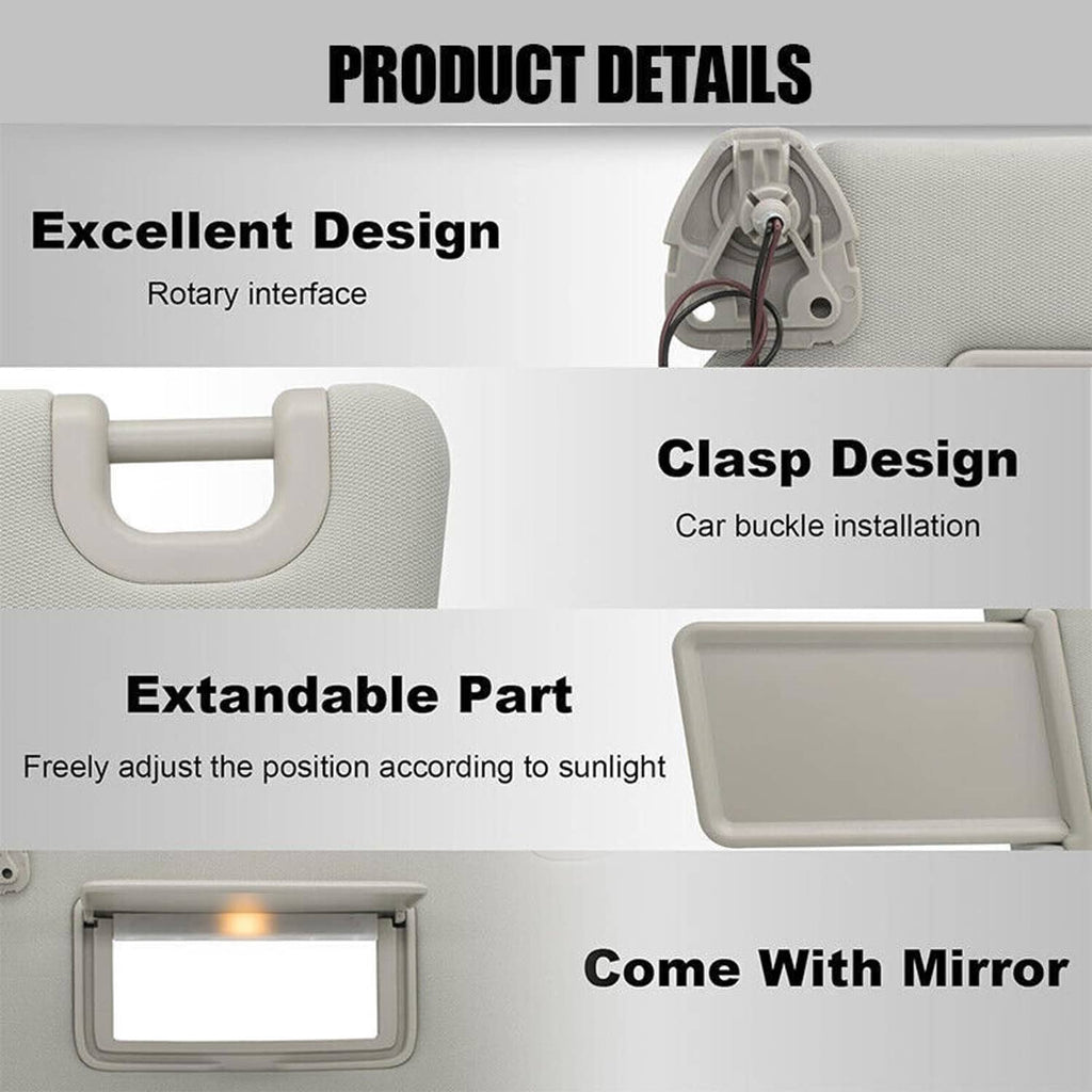 Gray sun visor detail view with clasp design and extendable mirror cover