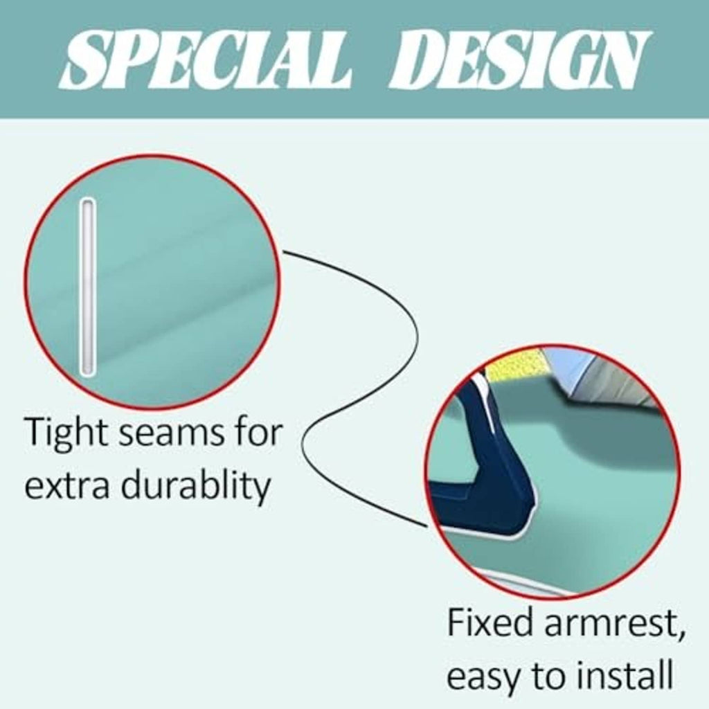 Mint seat cover blanket graphic showing reinforced seams and easy-fit armrest