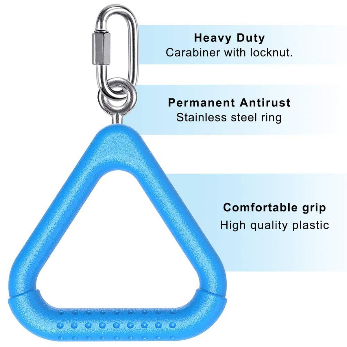 Blue trapeze swing bar ring with metal carabiner and comfort grip text callouts