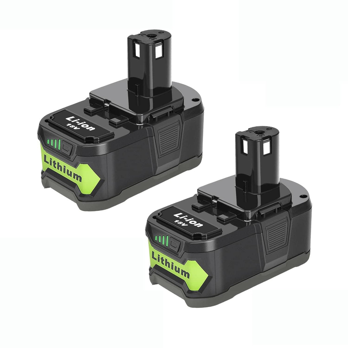 Two-pack of black battery packs with green accents and dual top terminals