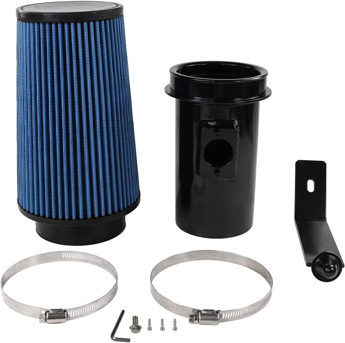 Cold air intake kit with blue pleated filter, black canister housing, clamps, and bracket
