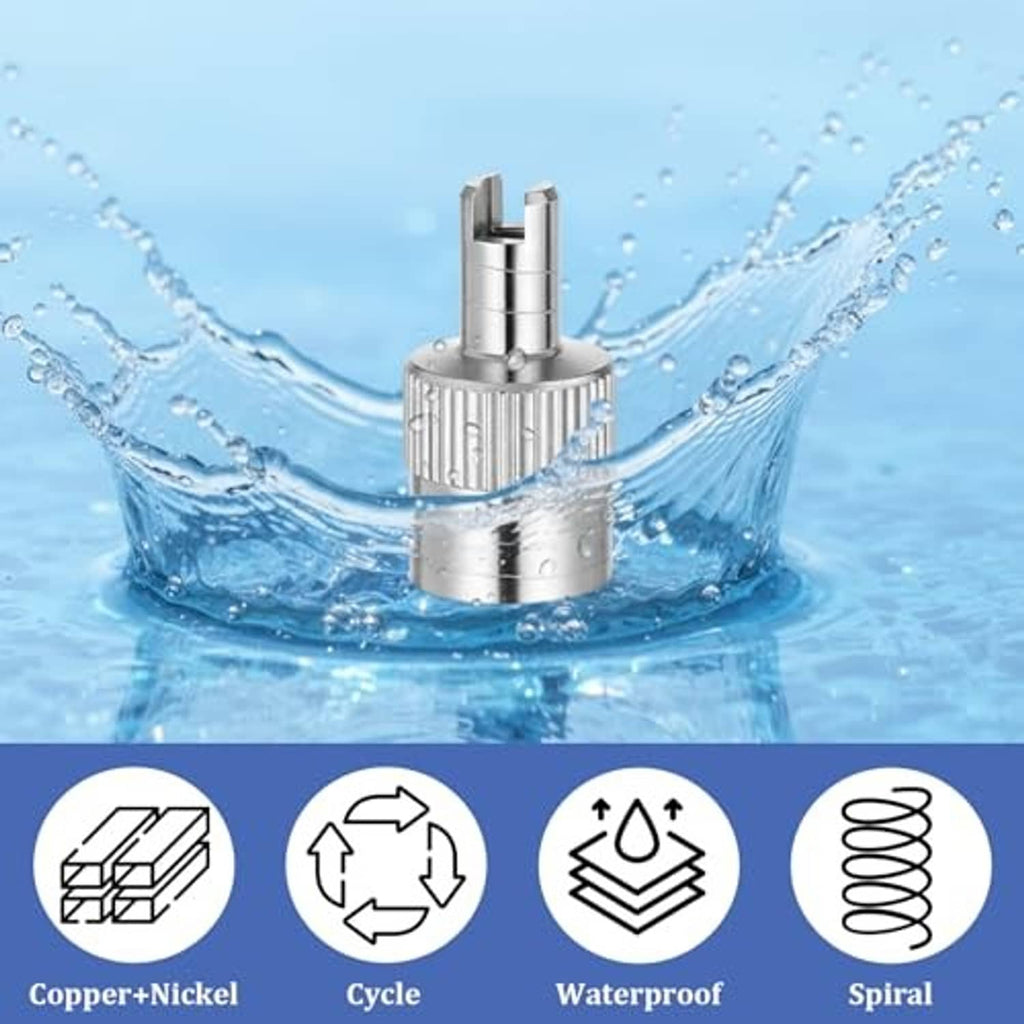 Slotted silver tire valve stem cap with valve core under water splash