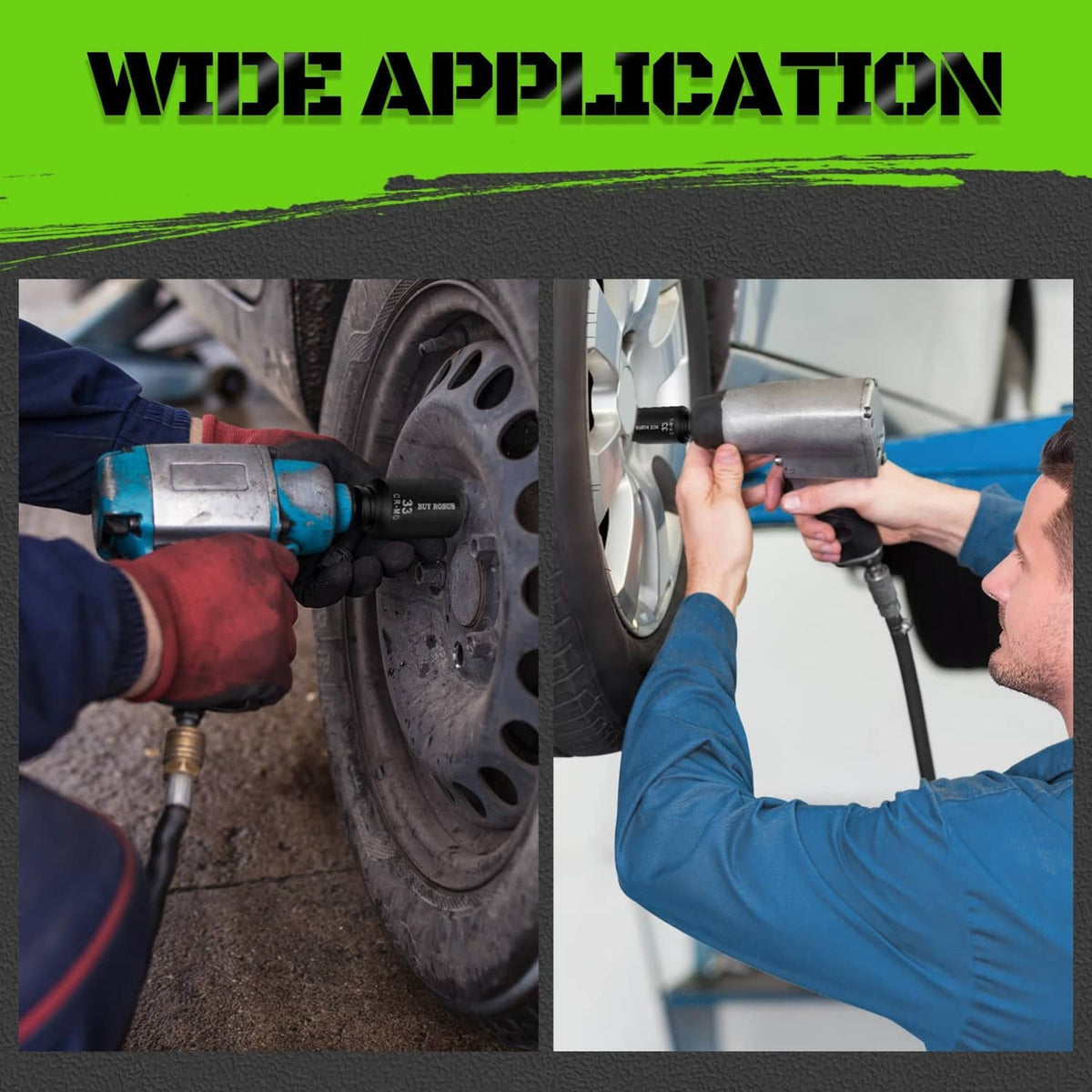 Black 1/2 in deep impact sockets with impact tool near a vehicle wheel.