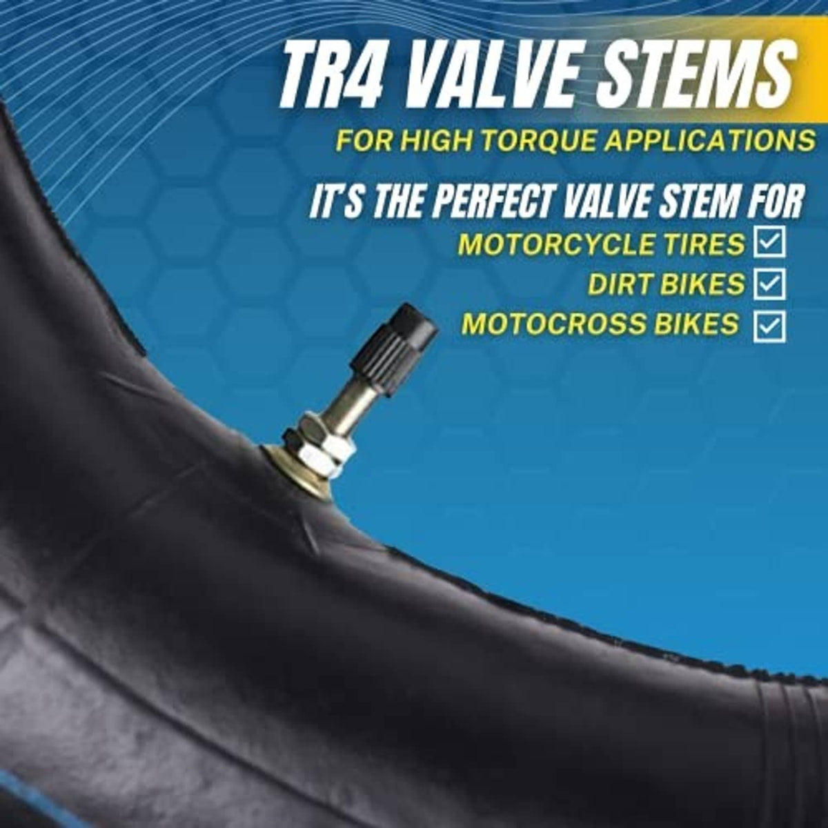 Black motorcycle inner tube with TR4 valve stem, close-up detail