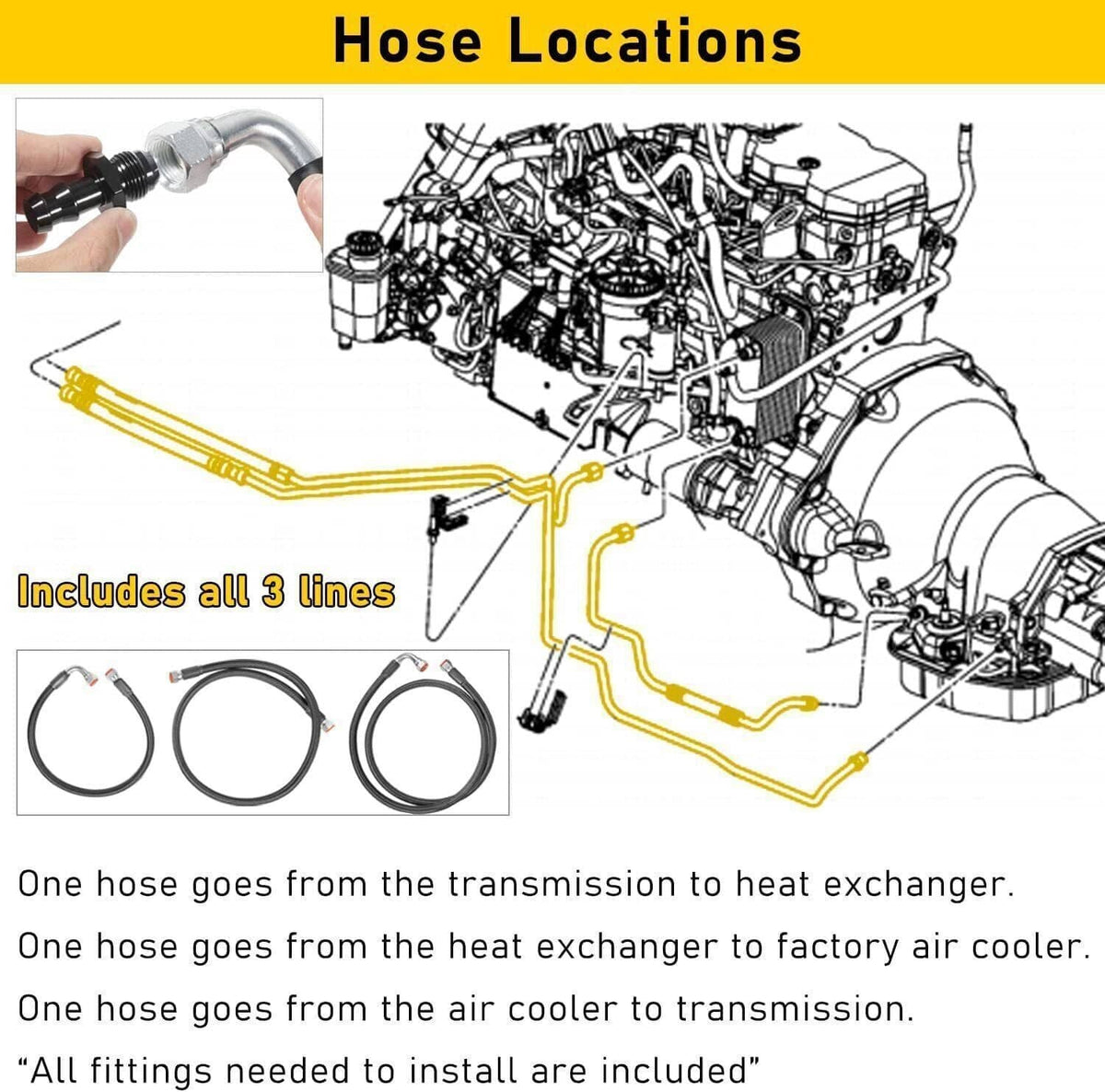 Black braided transmission cooler hose kit showing three lines with silver ends
