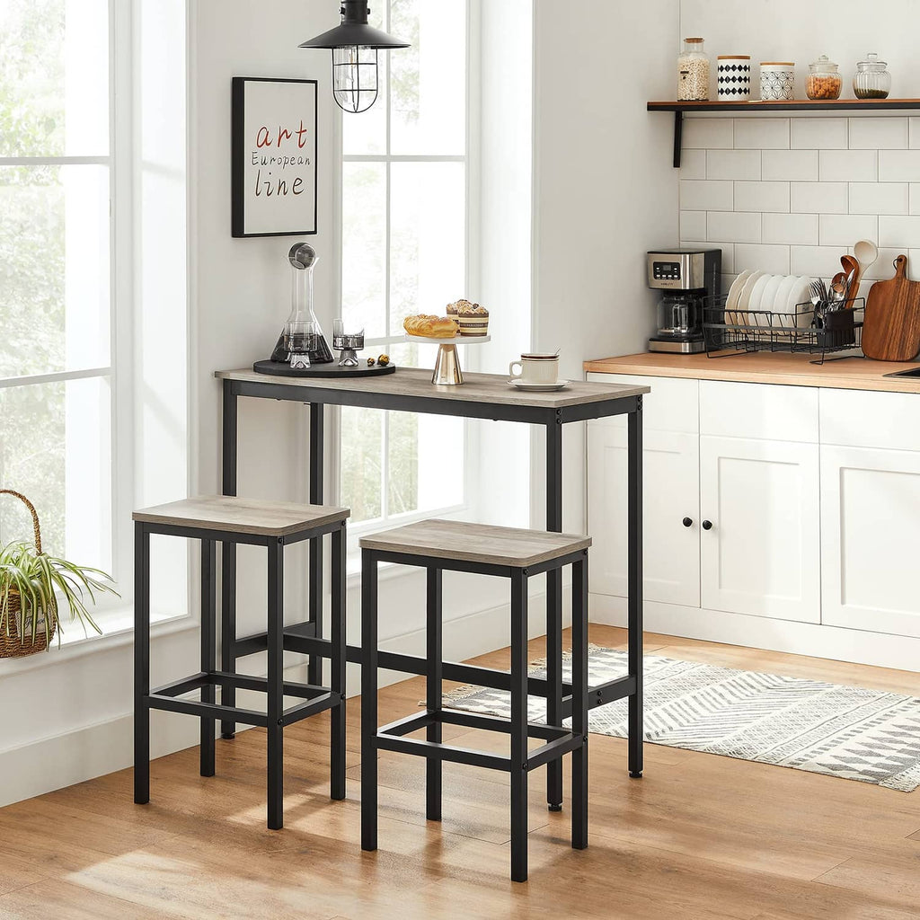 Greige bar stool set of two with black frames and rectangular lower footrests