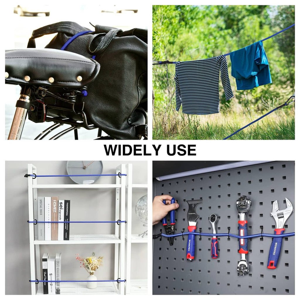 Blue bungee cords for securing items; shown on bag and clothing line in use collage
