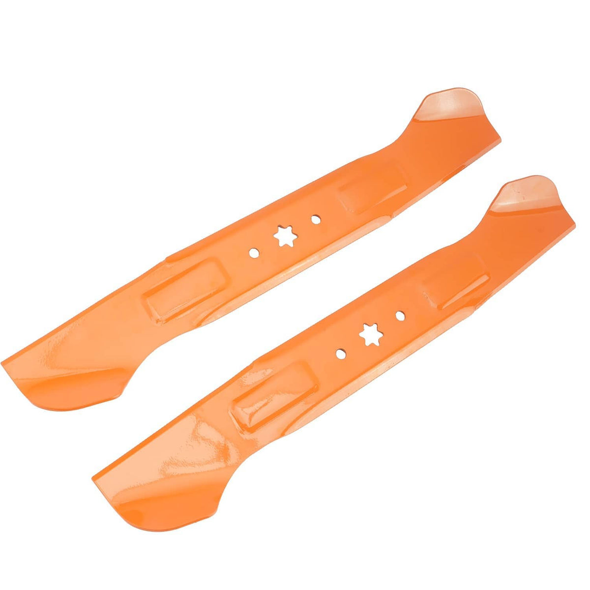Two orange mower blades with star-shaped cutouts and recessed mounting areas
