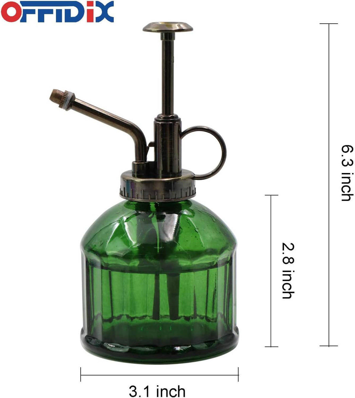 Green glass plant mister with bronze sprayer top and curved dip tube, front view.