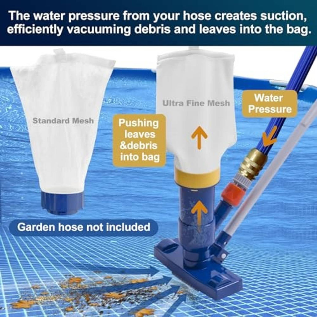 Manual pool vacuum with two mesh bags and suction inlet over pool surface
